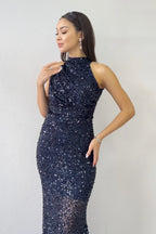 Lacivert Halter Yaka Pul Payet Kuyruklu Abiye Elbise 
