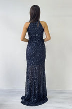 Lacivert Halter Yaka Pul Payet Kuyruklu Abiye Elbise 