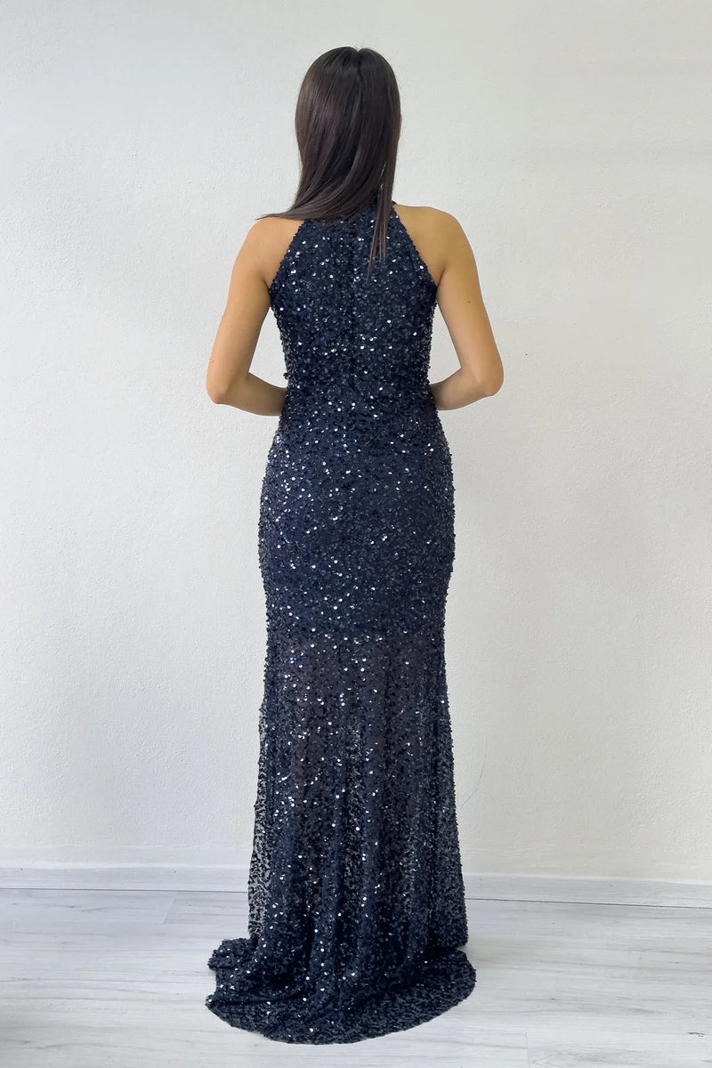 Lacivert Halter Yaka Pul Payet Kuyruklu Abiye Elbise 