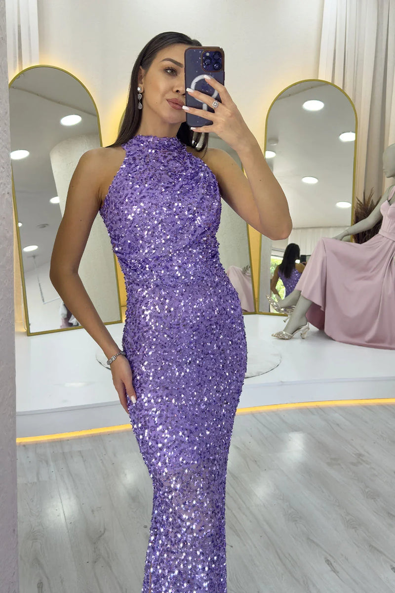Lila Halter Yaka Pul Payet Kuyruklu Abiye Elbise 