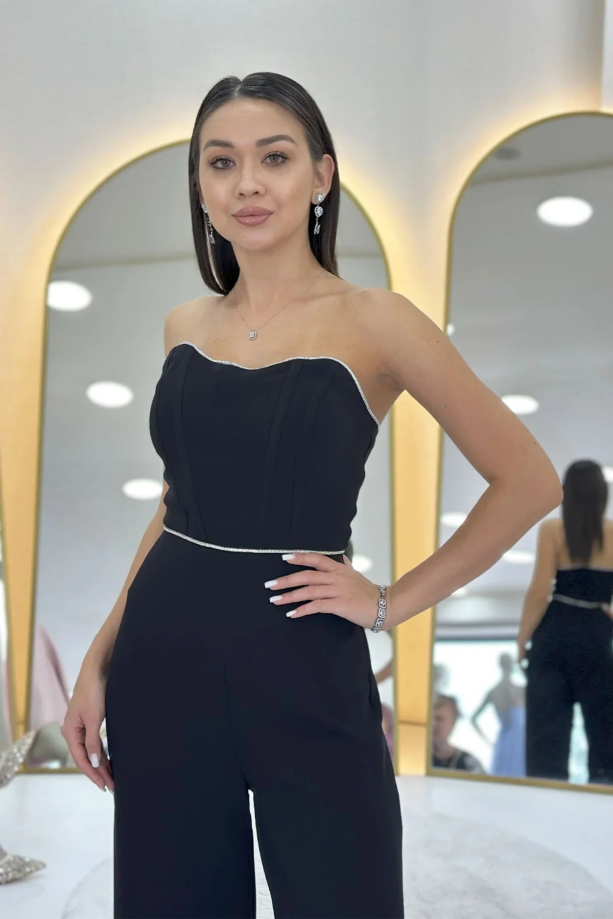 Kadın Siyah Taş Detaylı Straplez Tulum