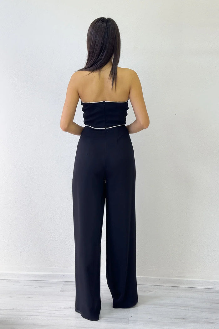 Kadın Siyah Taş Detaylı Straplez Tulum