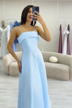 Bebe Mavi İnce Askılı Cep Detaylı Abiye Elbise 