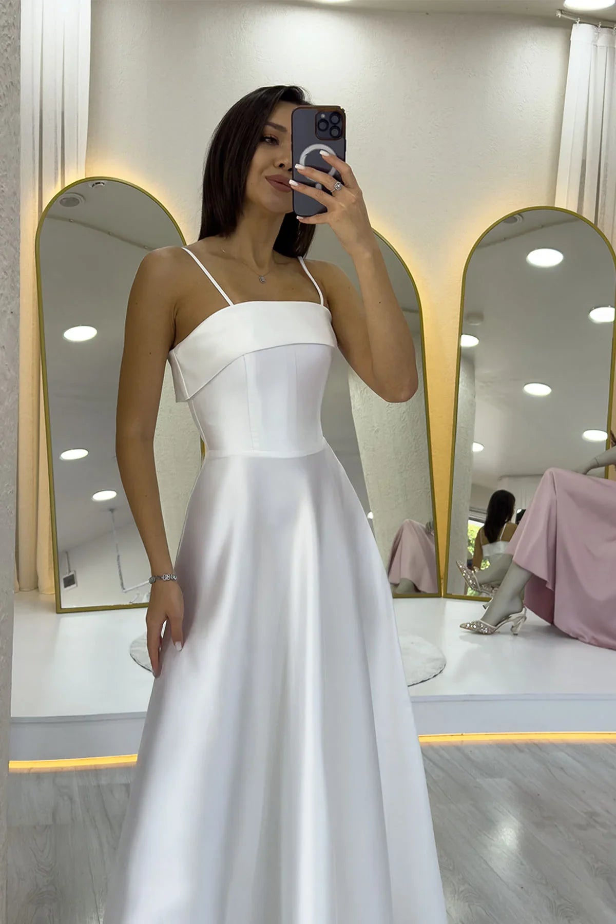 Beyaz İnce Askılı Cep Detaylı Nikah Abiye Elbise 