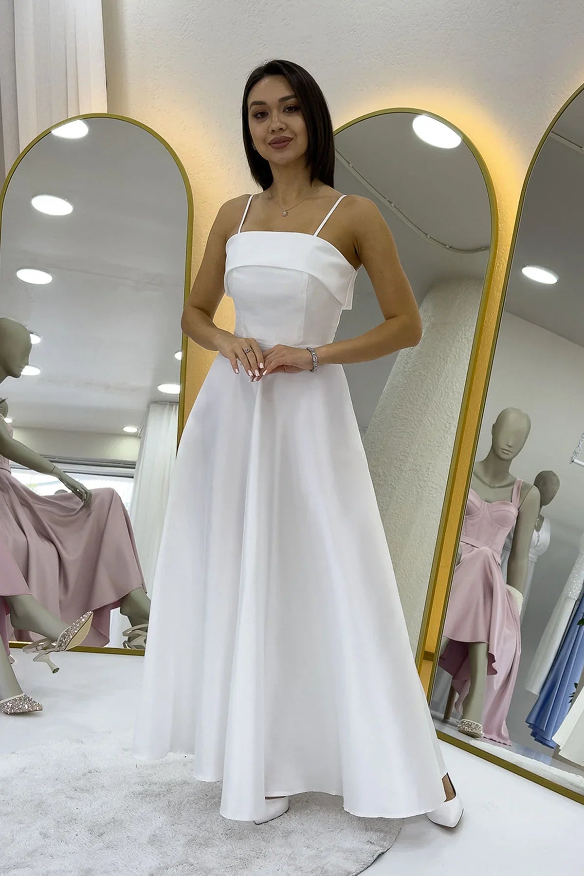 Beyaz İnce Askılı Cep Detaylı Nikah Abiye Elbise 