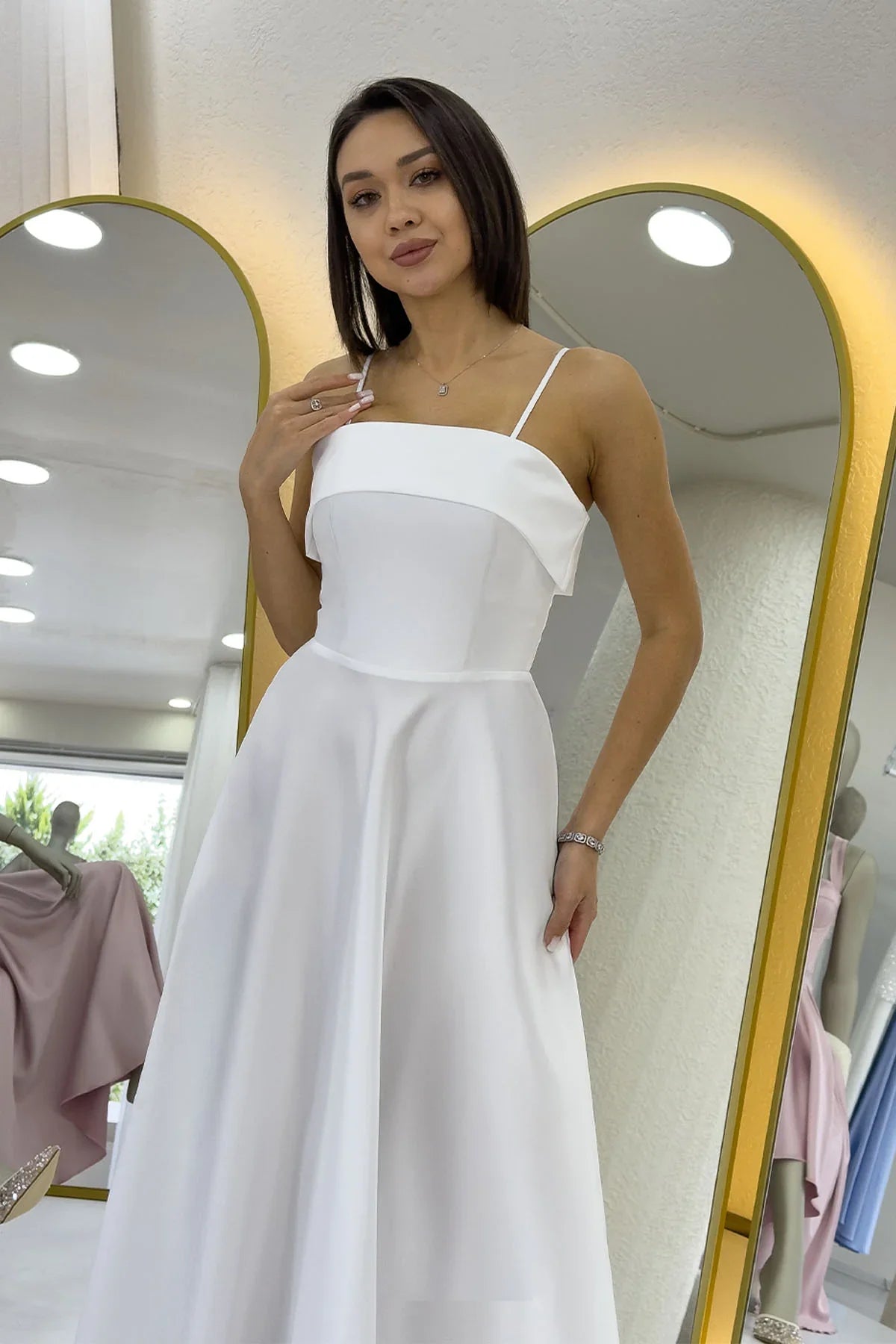 Beyaz İnce Askılı Cep Detaylı Nikah Abiye Elbise 