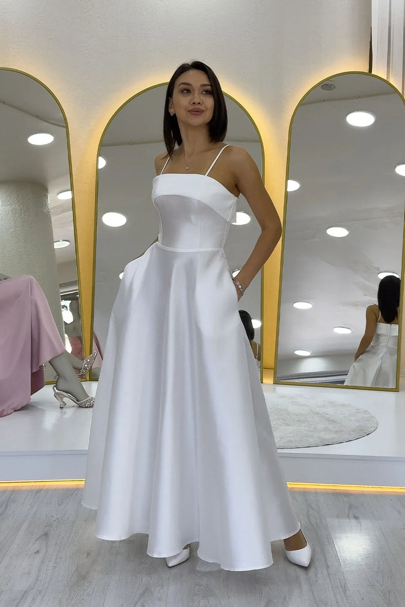 Beyaz İnce Askılı Cep Detaylı Nikah Abiye Elbise 