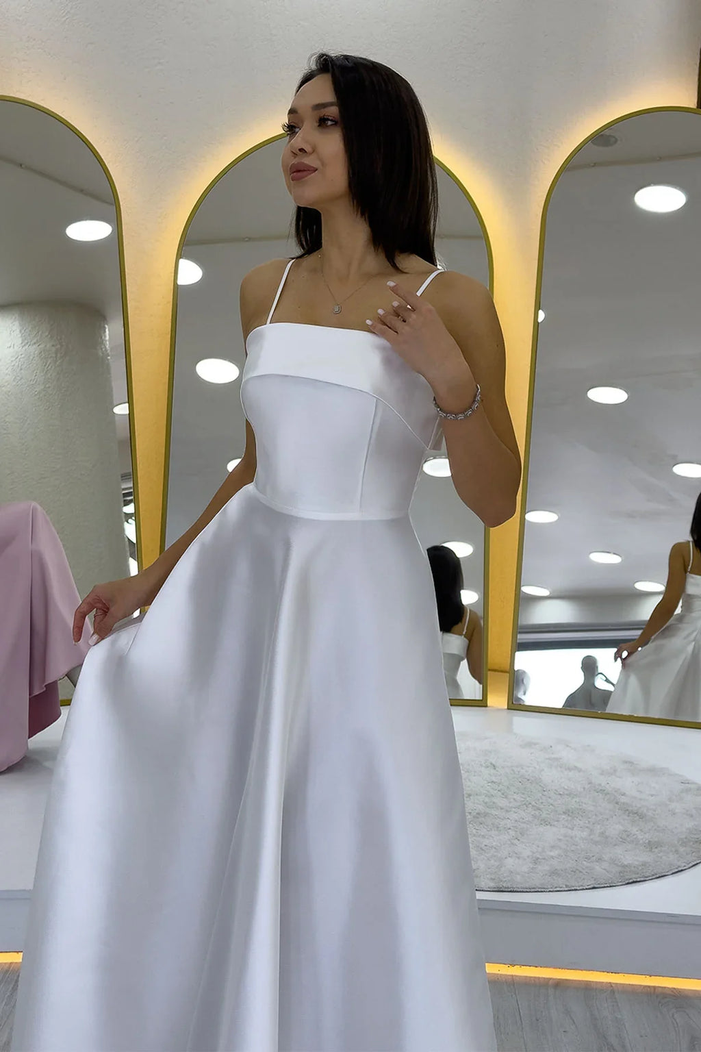 Beyaz İnce Askılı Cep Detaylı Nikah Abiye Elbise 