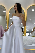 Beyaz İnce Askılı Cep Detaylı Nikah Abiye Elbise 