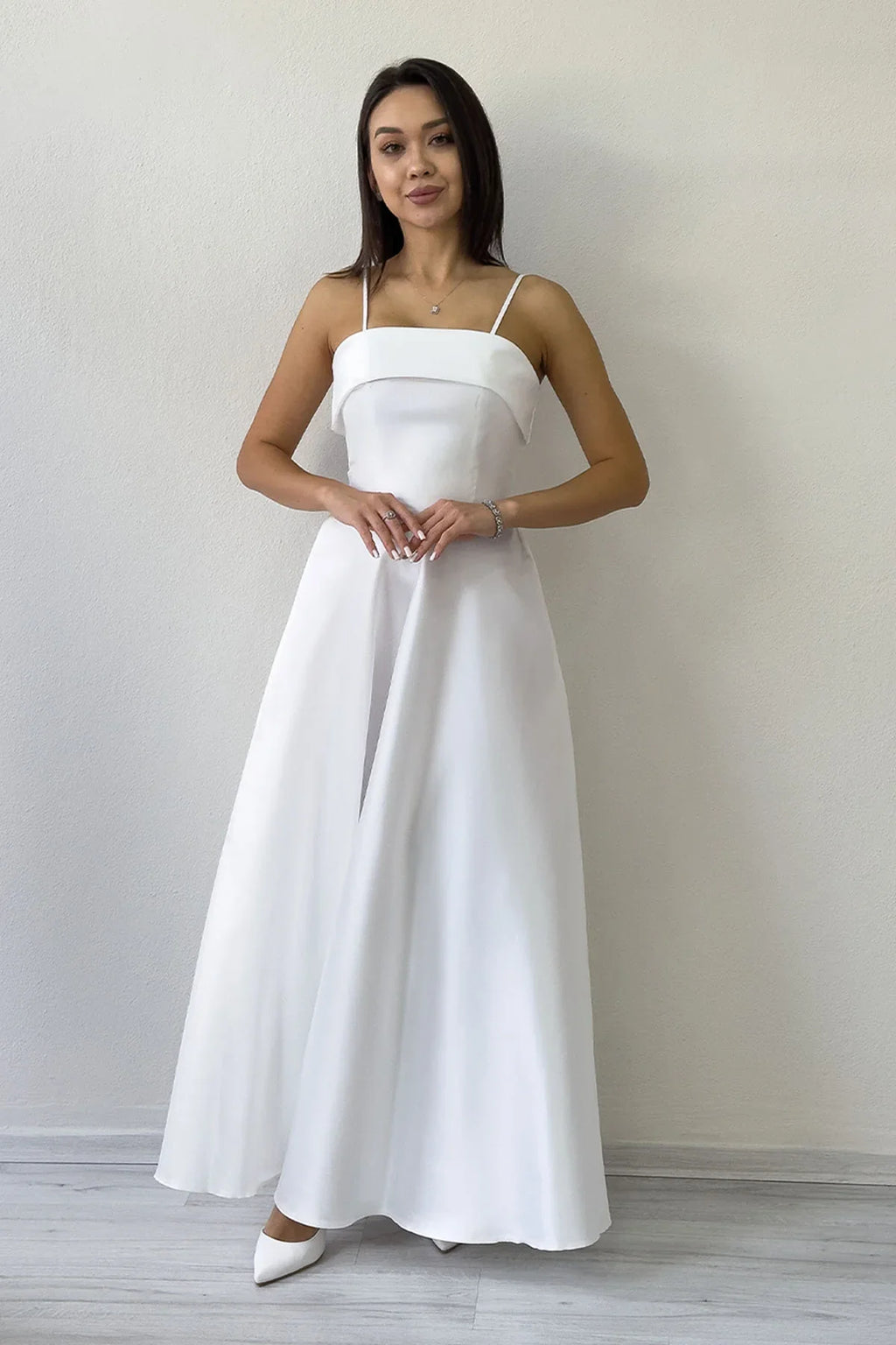 Beyaz İnce Askılı Cep Detaylı Nikah Abiye Elbise 