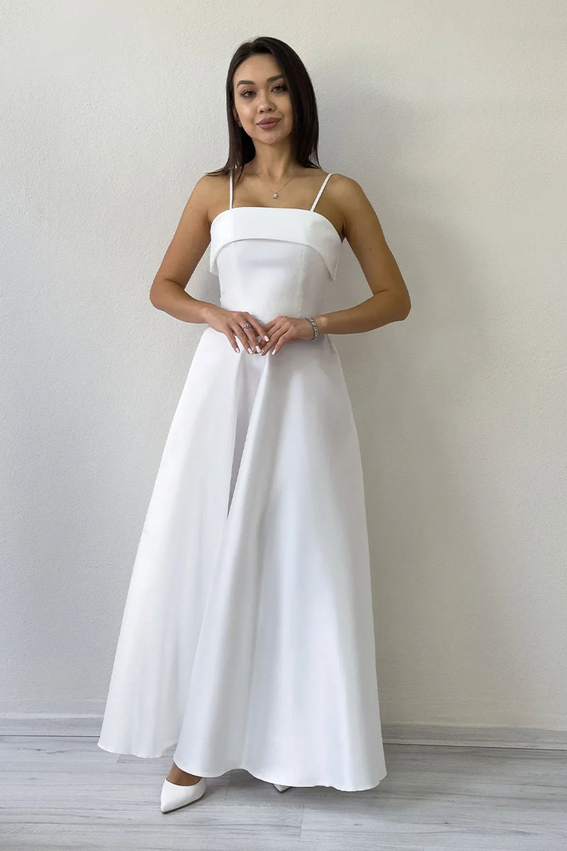 Beyaz İnce Askılı Cep Detaylı Nikah Abiye Elbise 