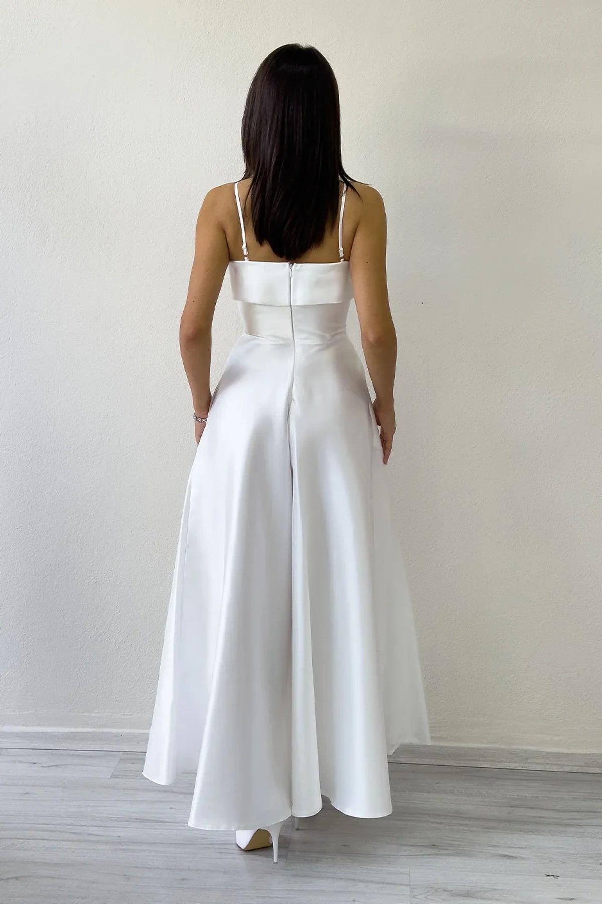 Beyaz İnce Askılı Cep Detaylı Nikah Abiye Elbise 