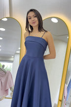 Lacivert İnce Askılı Cep Detaylı Abiye Elbise