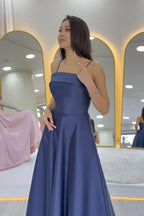 Lacivert İnce Askılı Cep Detaylı Abiye Elbise