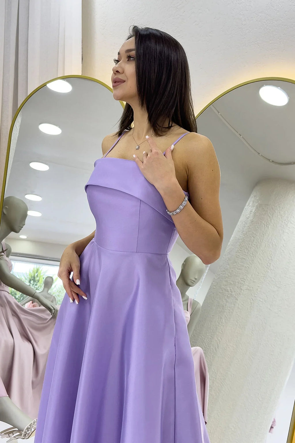 Lila İnce Askılı Cep Detaylı Abiye Elbise