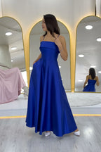 Saks Mavi İnce Askılı Cep Detaylı Abiye Elbise