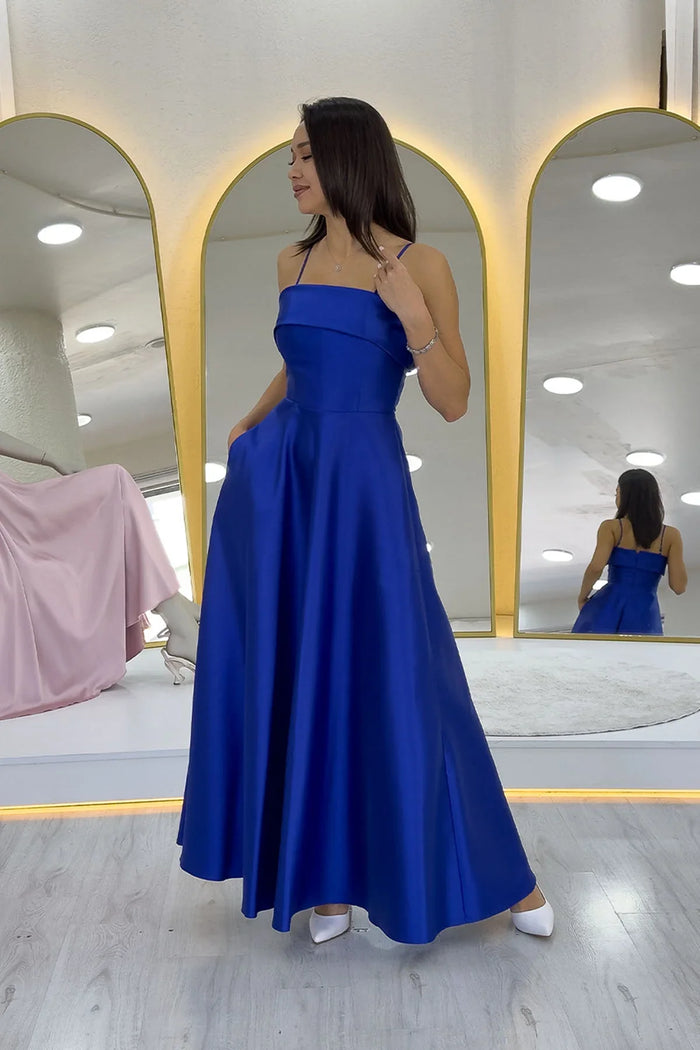 Saks Mavi İnce Askılı Cep Detaylı Abiye Elbise