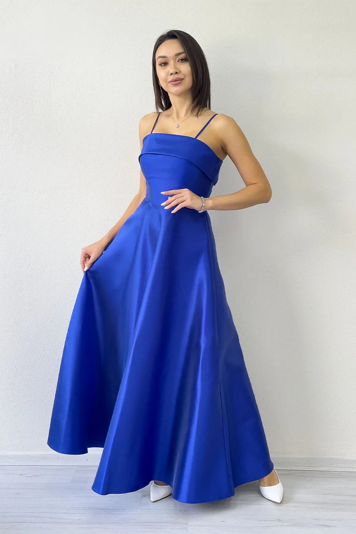 Saks Mavi İnce Askılı Cep Detaylı Abiye Elbise