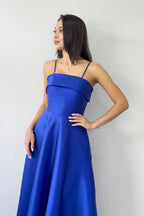 Saks Mavi İnce Askılı Cep Detaylı Abiye Elbise