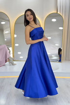 Saks Mavi İnce Askılı Cep Detaylı Abiye Elbise