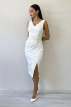 Beyaz V Yaka Midi Boy Taş Detaylı Büyük Beden Abiye Elbise 