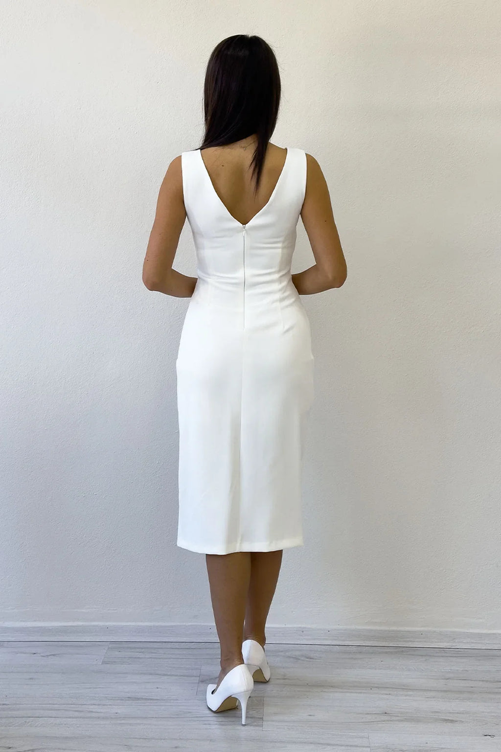 Beyaz V Yaka Midi Boy Taş Detaylı Büyük Beden Abiye Elbise 