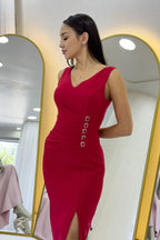 Kırmızı V Yaka Midi Boy Taş Detaylı Büyük Beden Abiye Elbise