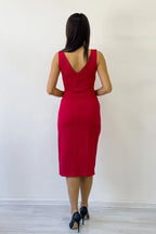 Kırmızı V Yaka Midi Boy Taş Detaylı Büyük Beden Abiye Elbise