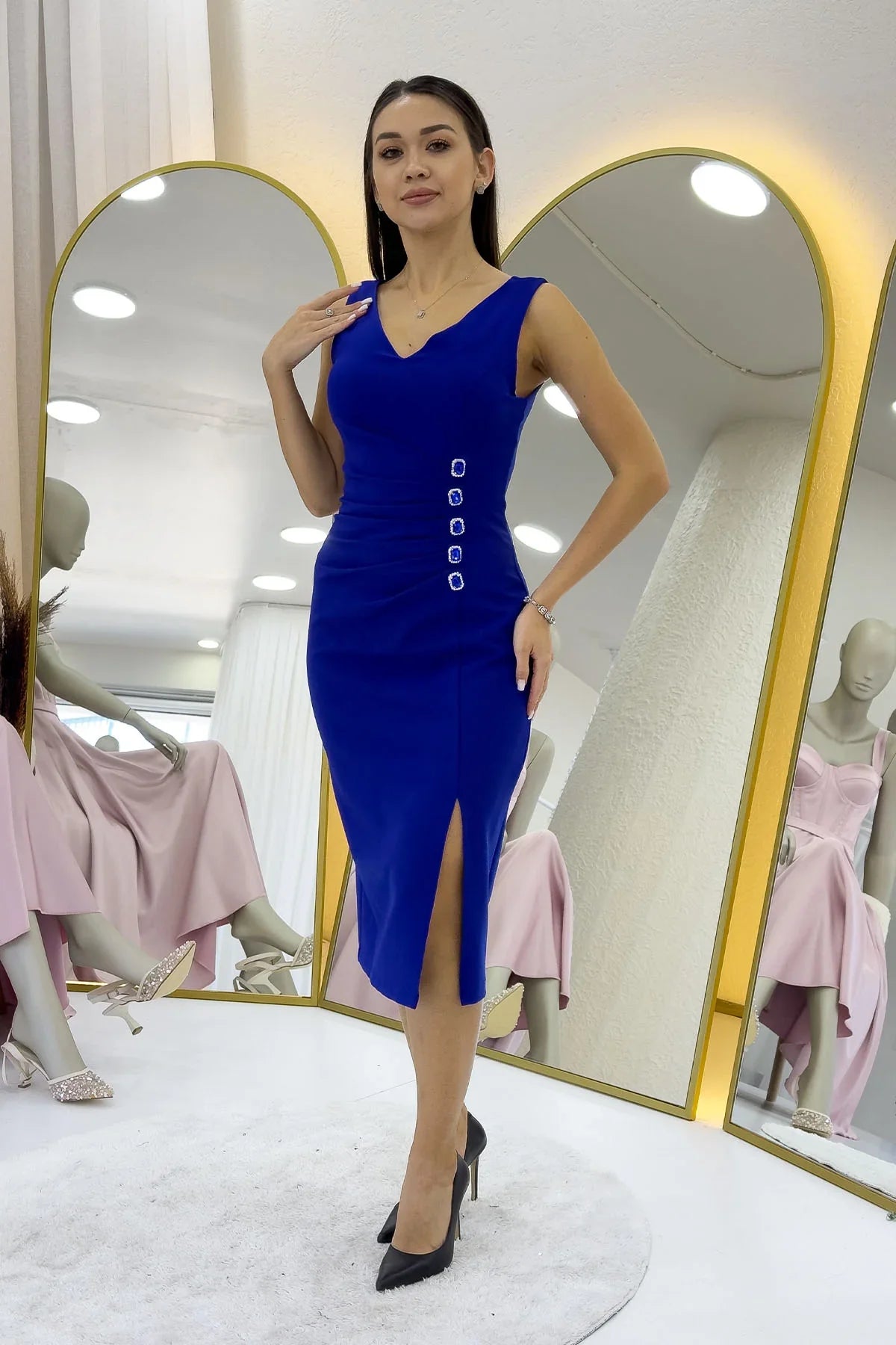 Saks Mavi V Yaka Midi Boy Taş Detaylı Büyük Beden Abiye Elbise