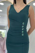 Yeşil V Yaka Midi Boy Taş Detaylı Büyük Beden Abiye Elbise