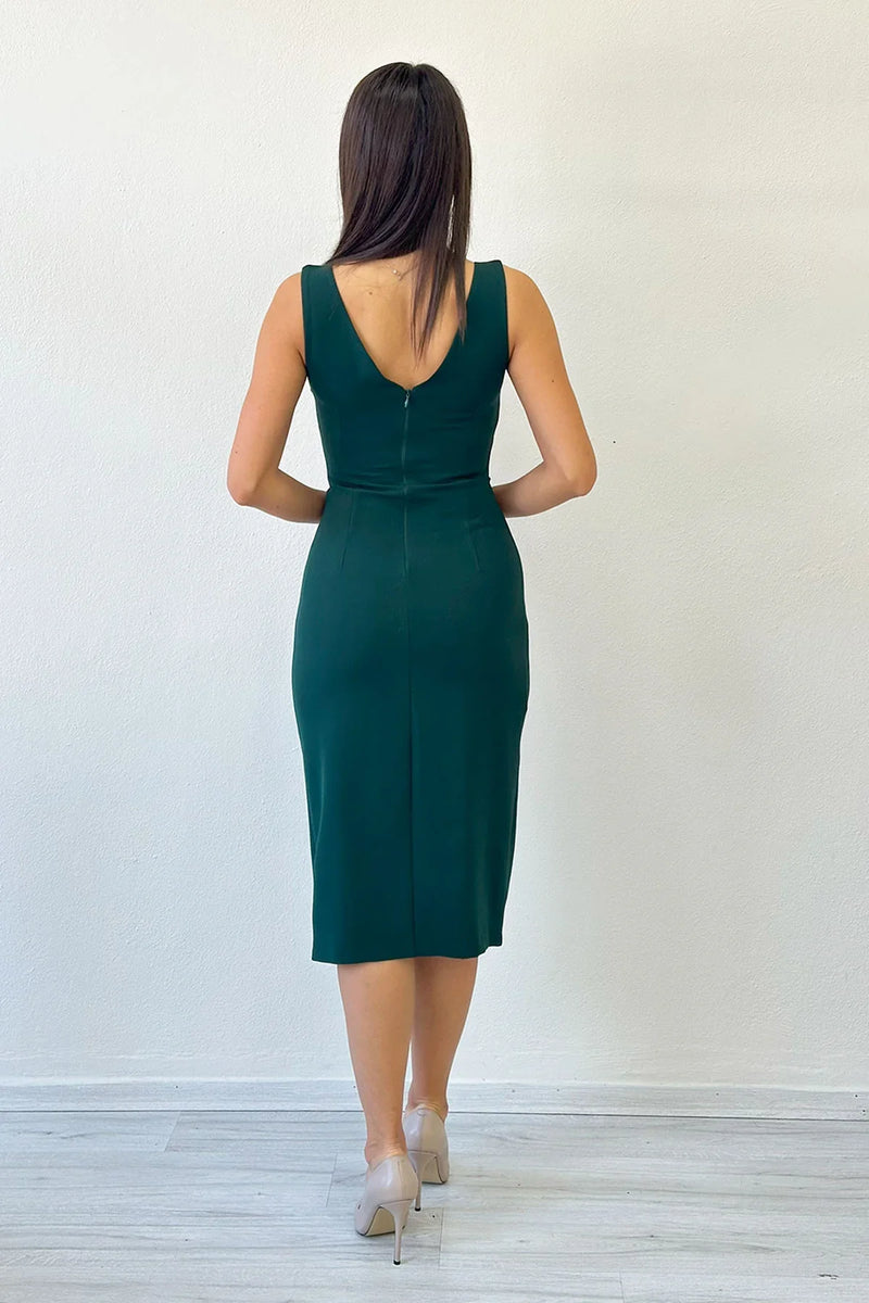 Yeşil V Yaka Midi Boy Taş Detaylı Büyük Beden Abiye Elbise