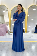 İndigo Uzun Kol Ön Büzgülü Maxi Boy Abiye Elbise 