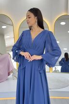 İndigo Uzun Kol Ön Büzgülü Maxi Boy Abiye Elbise 