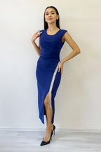 Saks Mavi Yırtmaç Taş Detaylı Sıfır Kol Kalem Elbise 