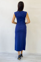 Saks Mavi Yırtmaç Taş Detaylı Sıfır Kol Kalem Elbise 