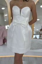 Beyaz Straplez Fiyonk Detay Mini Abiye Elbise 