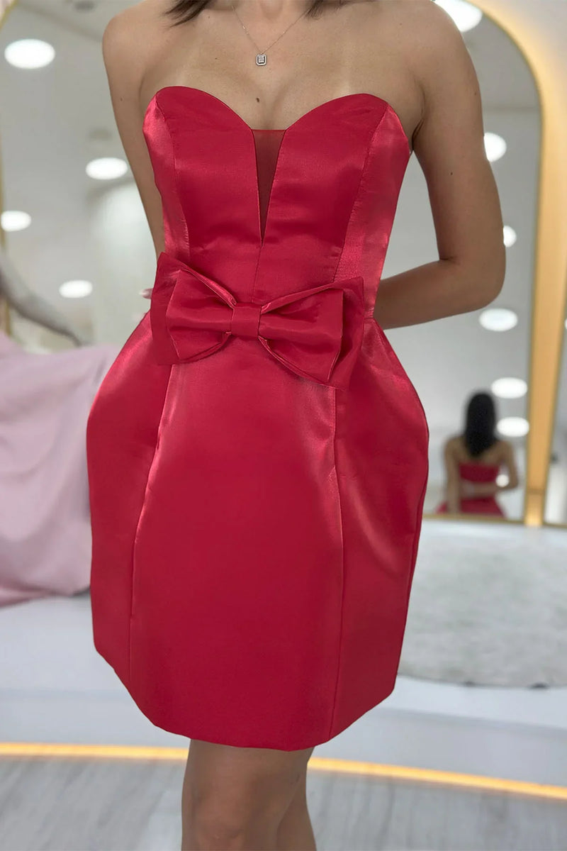 Kırmızı Straplez Fiyonk Detay Mini Abiye Elbise 