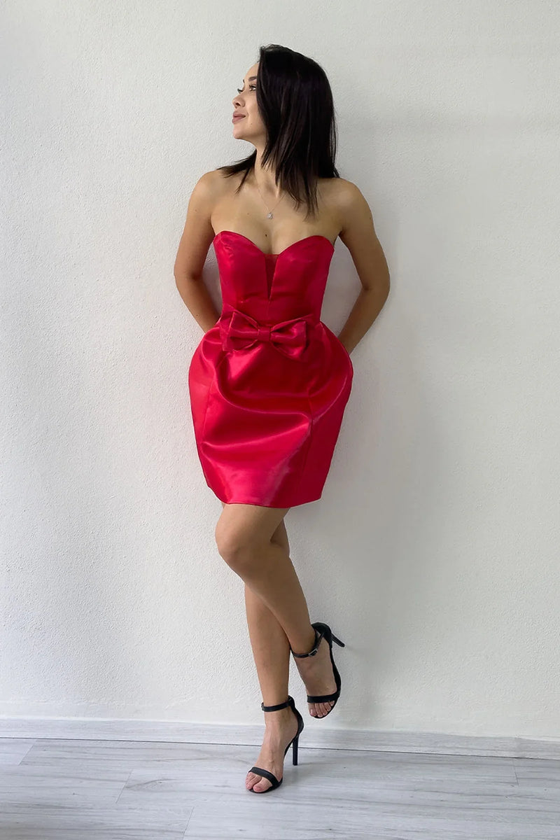Kırmızı Straplez Fiyonk Detay Mini Abiye Elbise 