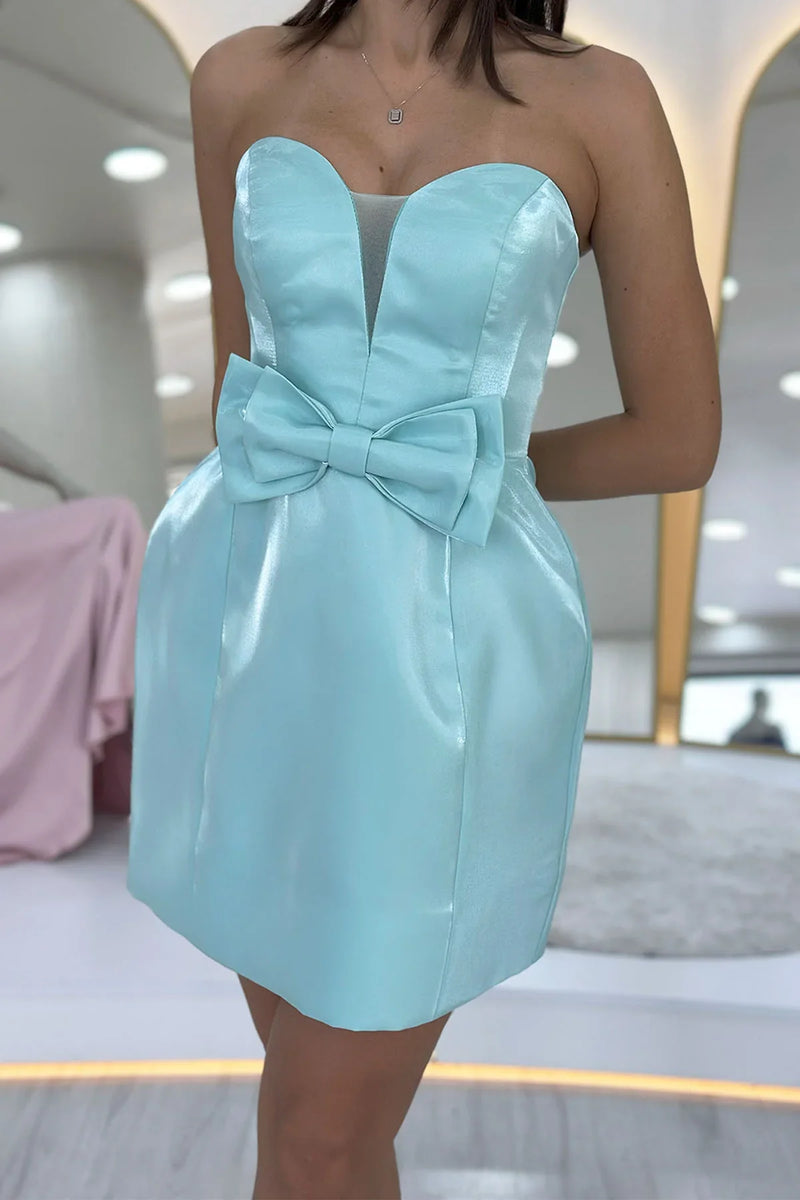 Su Yeşili Straplez Fiyonk Detay Mini Abiye Elbise 