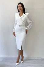 Beyaz Kruvaze Yaka Kemerli Midi Boy Kalem Elbise 