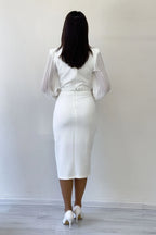 Beyaz Kruvaze Yaka Kemerli Midi Boy Kalem Elbise 