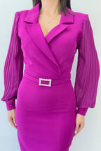 Fuşya Kruvaze Yaka Kemerli Midi Boy Kalem Elbise