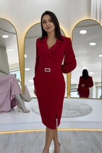 Kırmızı Kruvaze Yaka Kemerli Midi Boy Kalem Elbise