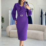 Mor Kruvaze Yaka Kemerli Midi Boy Kalem Elbise