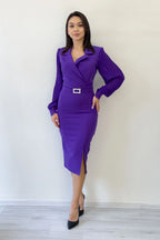 Mor Kruvaze Yaka Kemerli Midi Boy Kalem Elbise