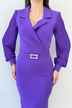 Mor Kruvaze Yaka Kemerli Midi Boy Kalem Elbise