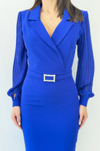 Saks Mavi Kruvaze Yaka Kemerli Midi Boy Kalem Elbise