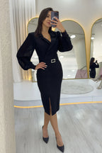 Siyah Kruvaze Yaka Kemerli Midi Boy Kalem Elbise