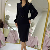 Siyah Kruvaze Yaka Kemerli Midi Boy Kalem Elbise