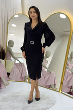 Siyah Kruvaze Yaka Kemerli Midi Boy Kalem Elbise